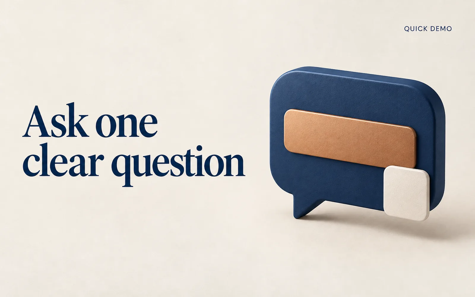 A designed Academy cover reading Ask one clear question, beside a navy speech bubble holding a copper line