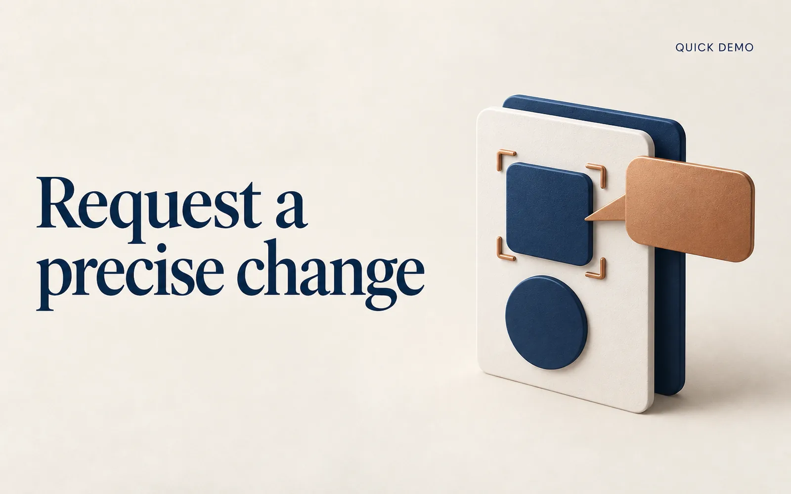 A designed Academy cover reading Request a precise change, beside a cream page with a framed navy square, a navy circle and a copper speech bubble