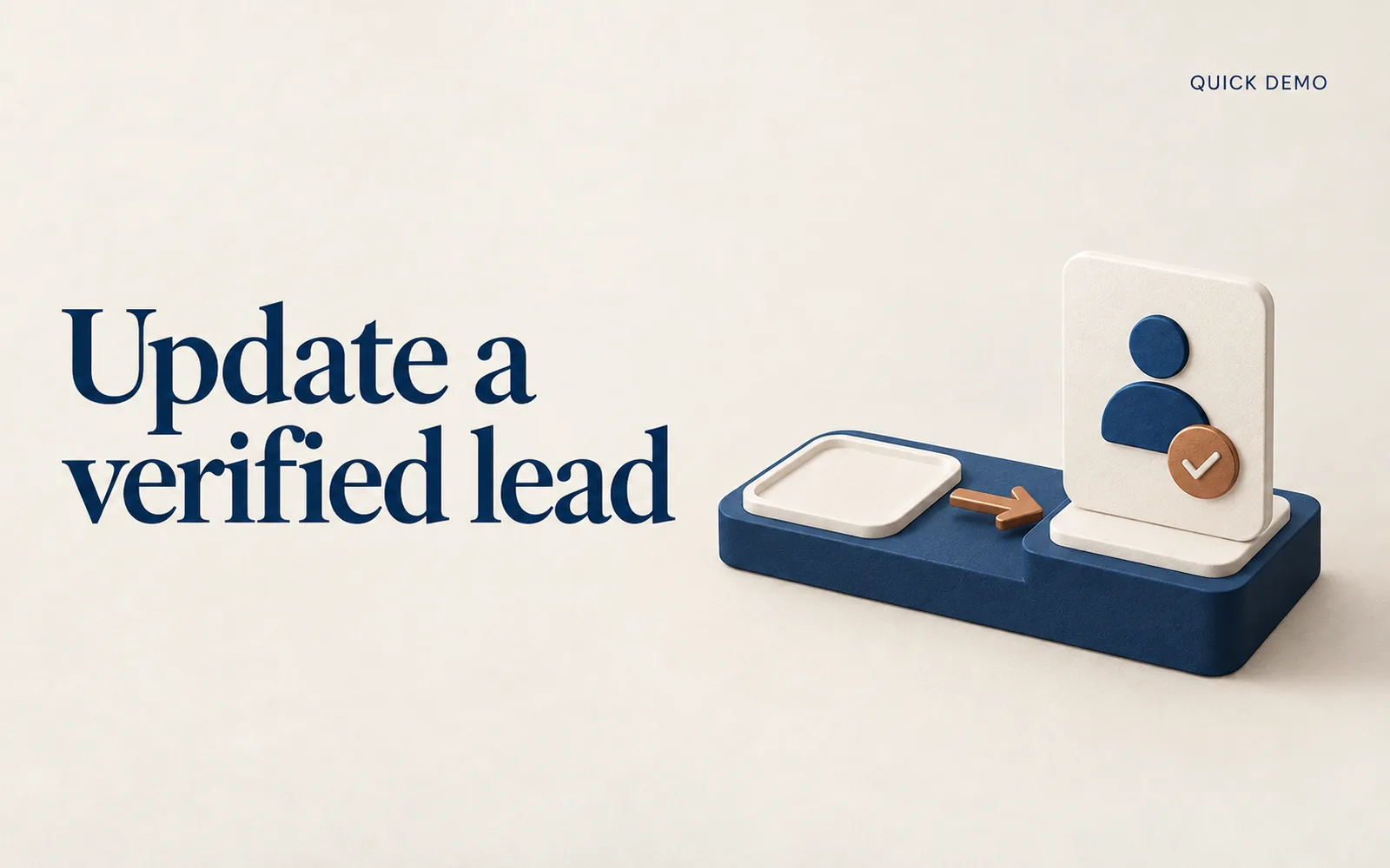 A designed Academy cover reading Update a verified lead, beside a navy tray where a cream lead card with a copper tick follows an arrow
