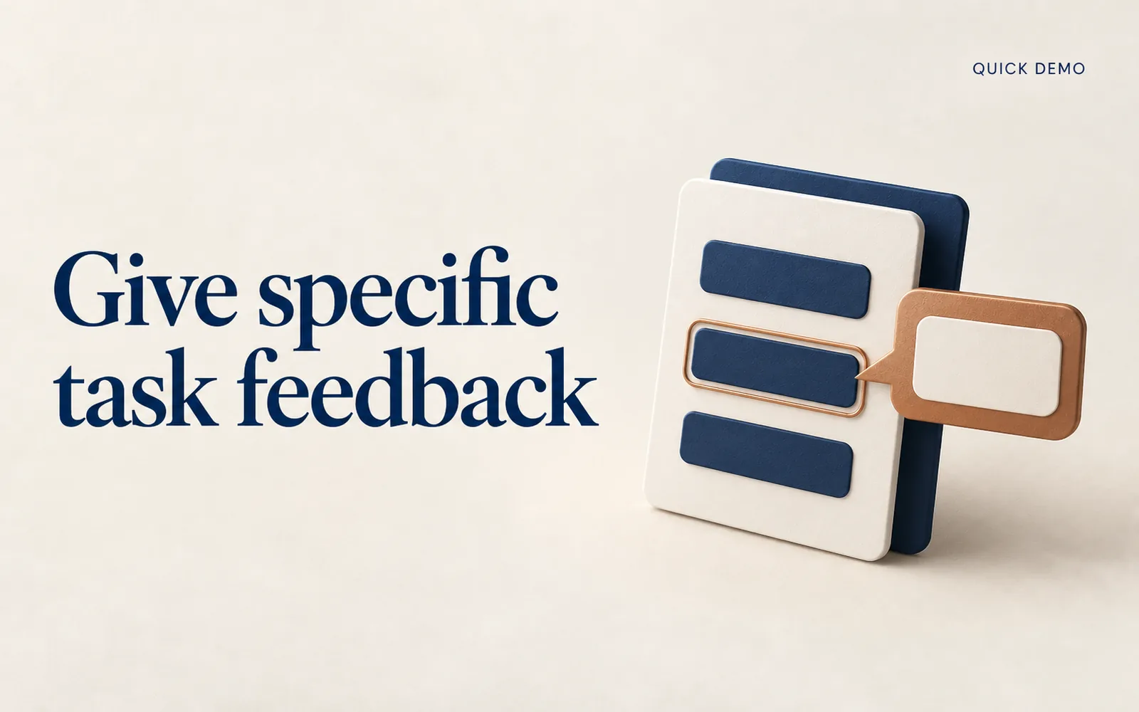 A designed Academy cover reading Give specific task feedback, beside a cream task card with navy bars and a copper speech bubble pointing at one of them