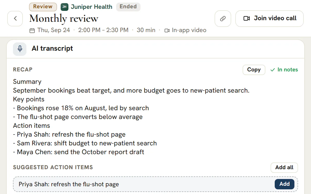 A recorded meeting turns into a transcript, then an AI recap with suggested action items.