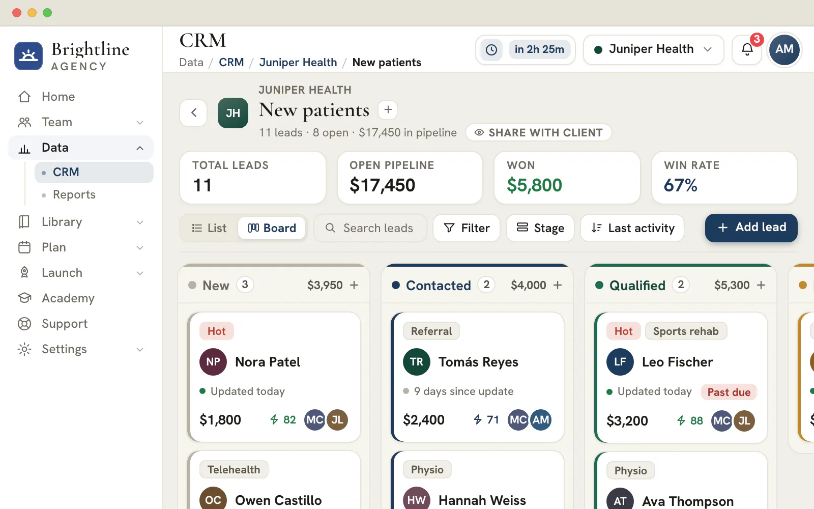 Illustration of a CRM pipeline board with leads for a fictional client