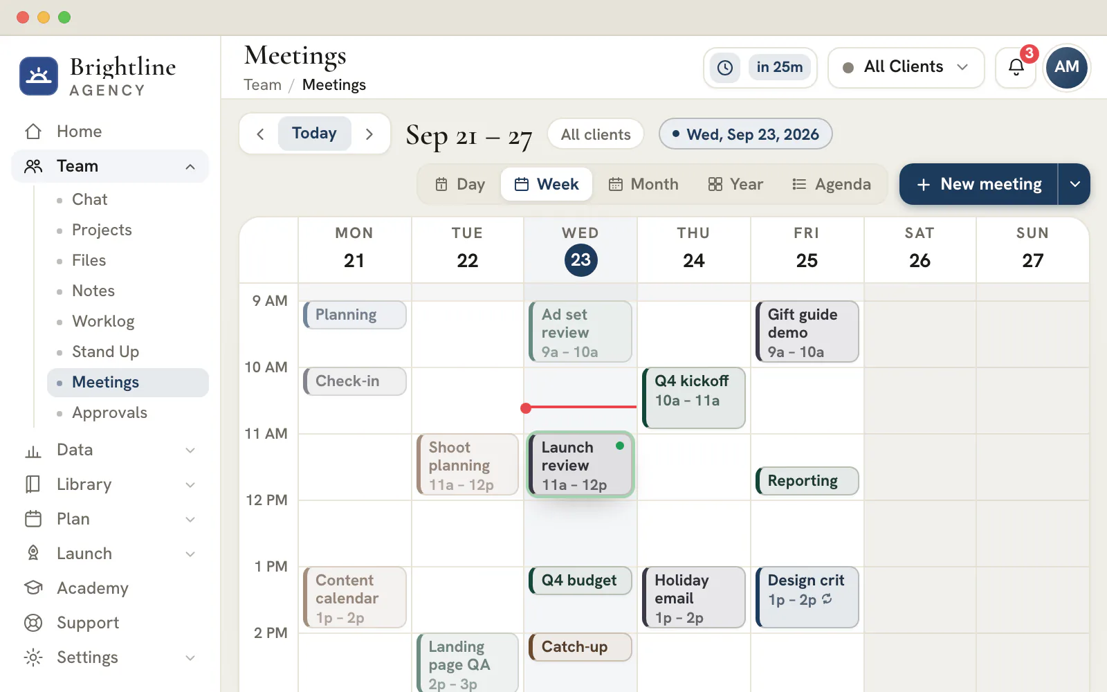 Illustration of a Meetings week calendar with meetings for fictional clients
