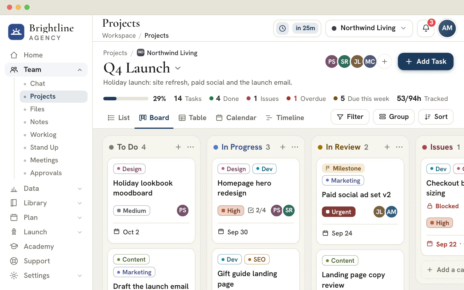 Illustration of a Projects board with tasks for a fictional client